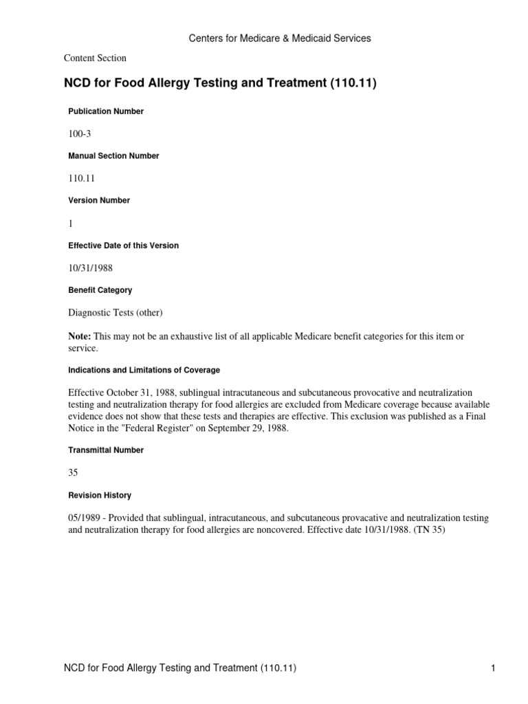 NCD For Food Allergy Testing and Treatment (110.11) : Centers For ...