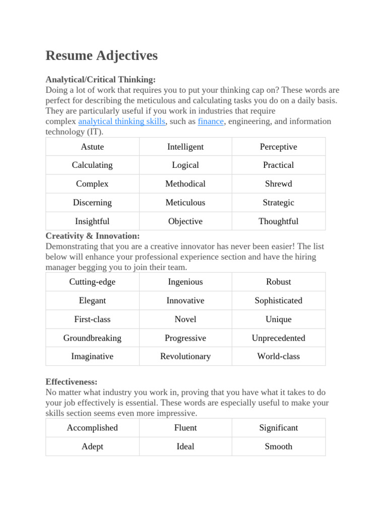135 Power Adjectives For Resume | PDF | Service Oriented Architecture