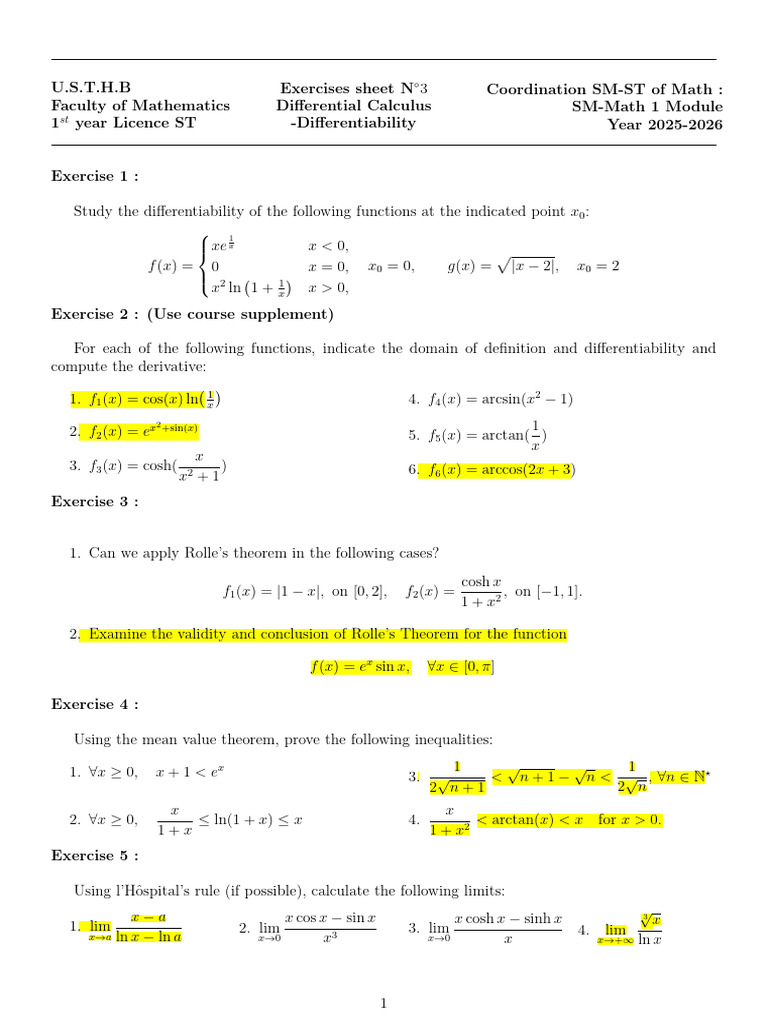 Exercices Sheet NÂ°3Differential Calculus Diffrentiability | PDF ...