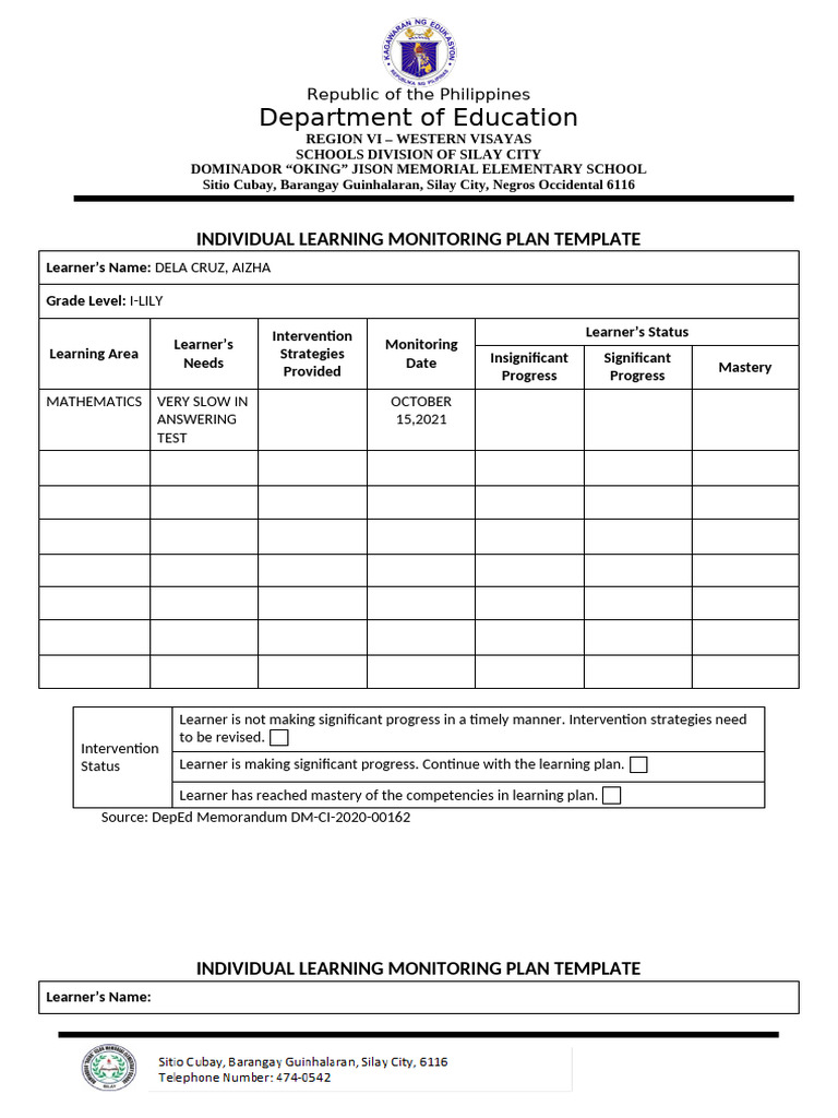 Individual Learning Monitoring Plan Template | PDF | Cognition | Learning