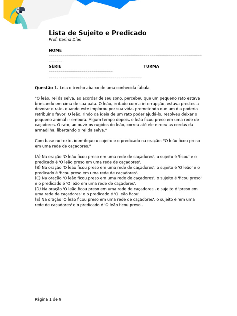 Lista de Sujeito e Predicado | PDF | Assunto (gramática) | Predicado ...