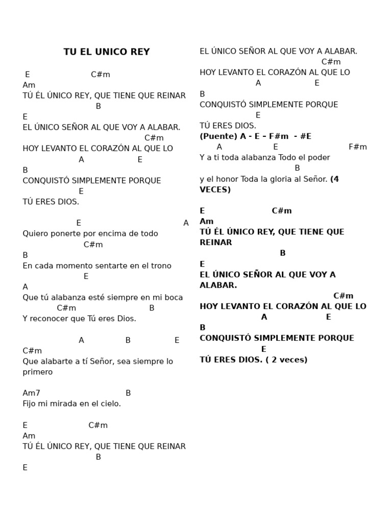 Acordes Cancion Tu El Unico Rey | PDF