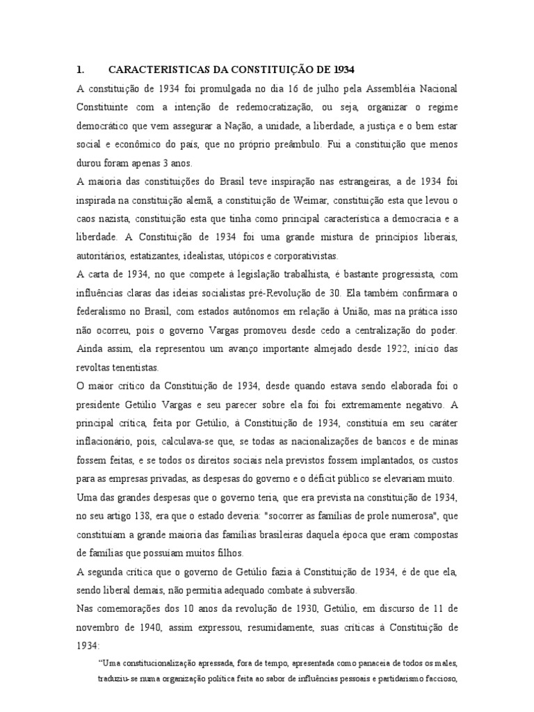 Quais Foram As Principais Características Da Constituição De 1934