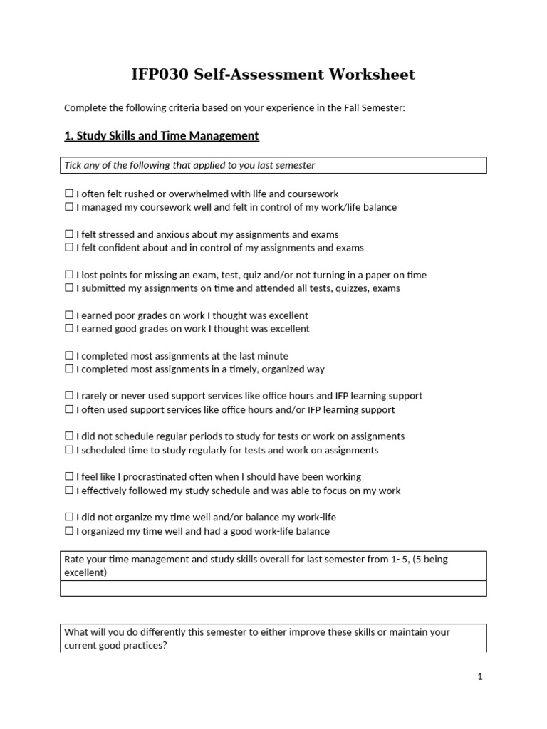 Self Assessment Worksheet JR | PDF | Study Skills | Learning