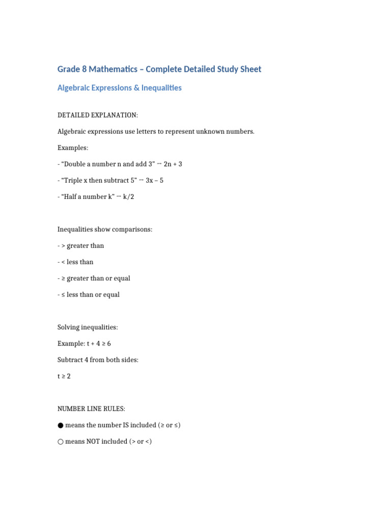 Grade8 Math Study Sheet | PDF | Angle | Inequality (Mathematics)
