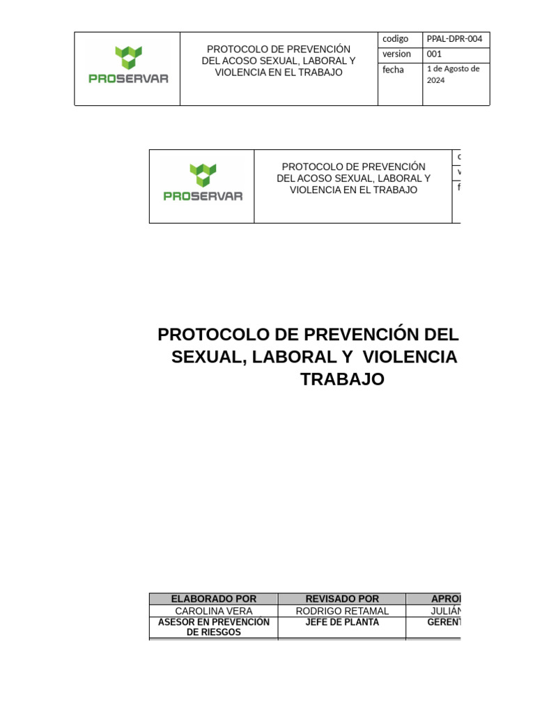 Protocolo de Prevención Del Acoso Sexual Proservar | PDF | Acoso sexual ...