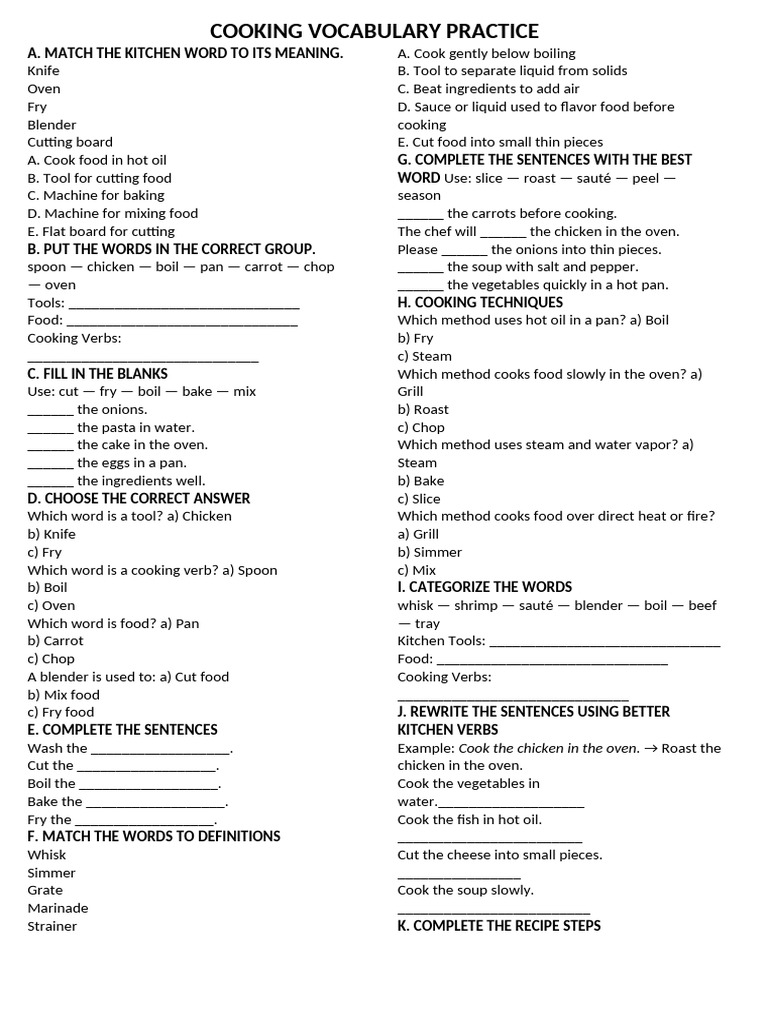 Cooking Vocabulary Practice | PDF | Cooking | Roasting