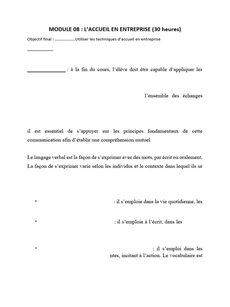 MODULE Accueil en Entreprise | PDF | Communication non verbale ...