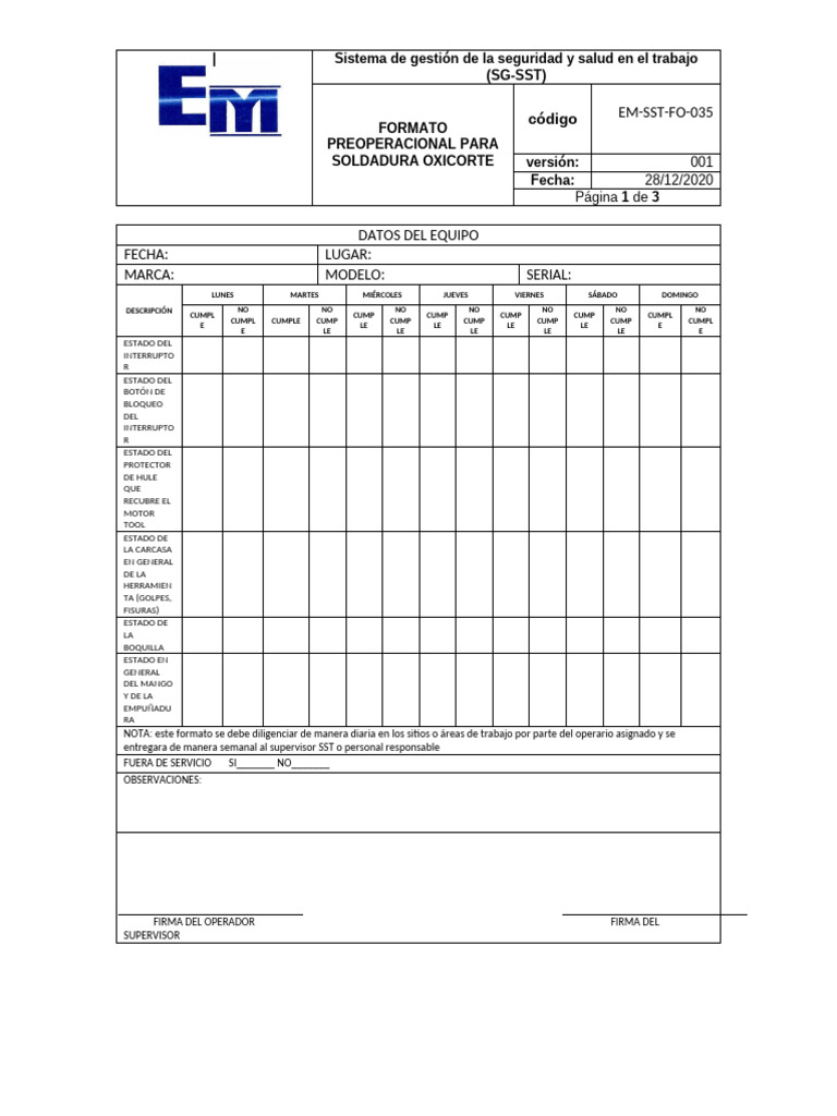 EM SST FO 35 Preoperacional Soldadura Oxicorte | PDF