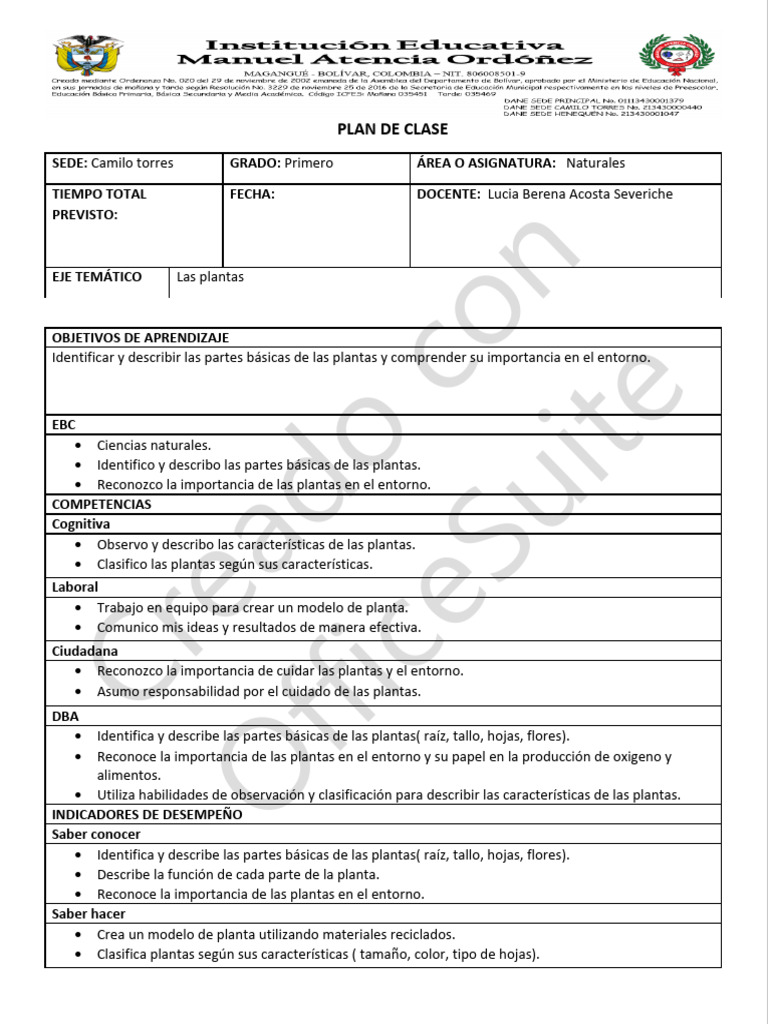 Plan de Clases en Blanco | PDF | Plantas | Aprendizaje