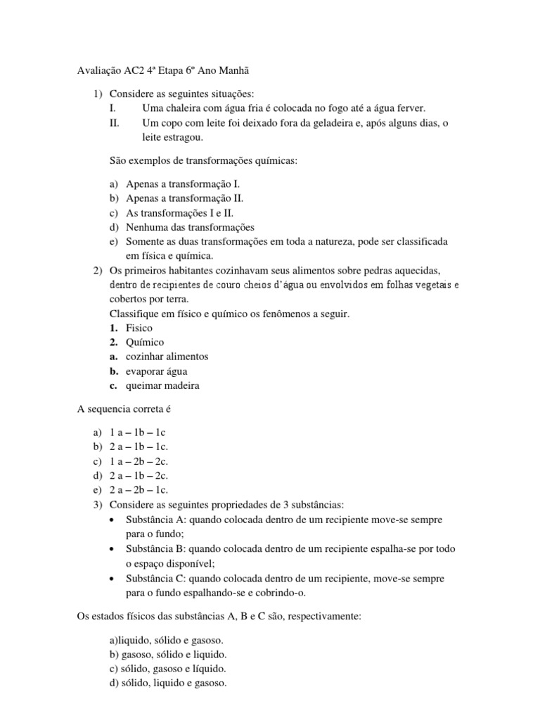 Avaliação AC2 2 Etapa 6º Ano Manhã | PDF | Gases | Substancias químicas