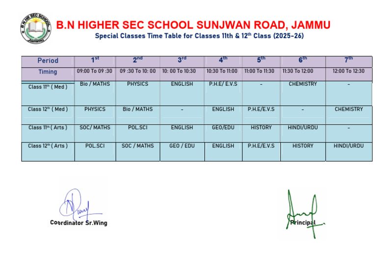 Special Classes Time Table For Classes 11th & 12th (2025-26) | PDF