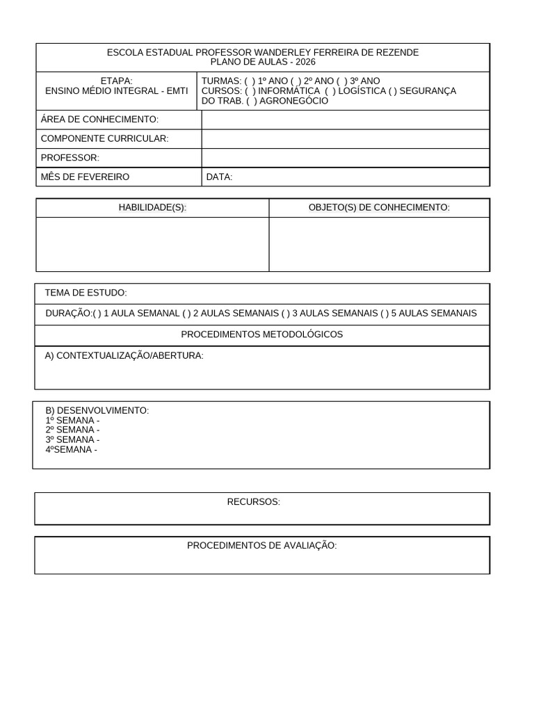 Modelo de Plano de Aulas - 2026 | PDF