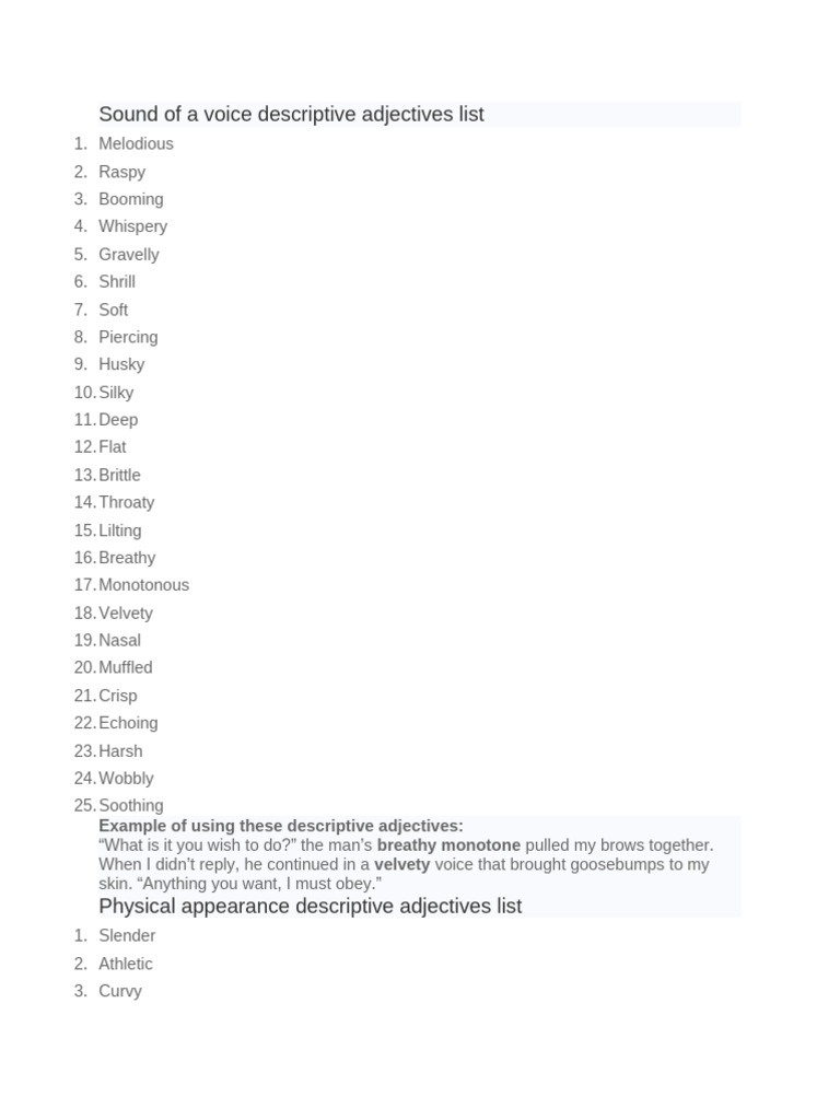 Descriptive Adjectives List | PDF