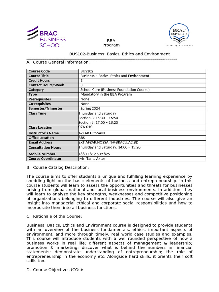 BUS102 Course Syllabus, Spring 2024 | PDF | Investing | Marketing