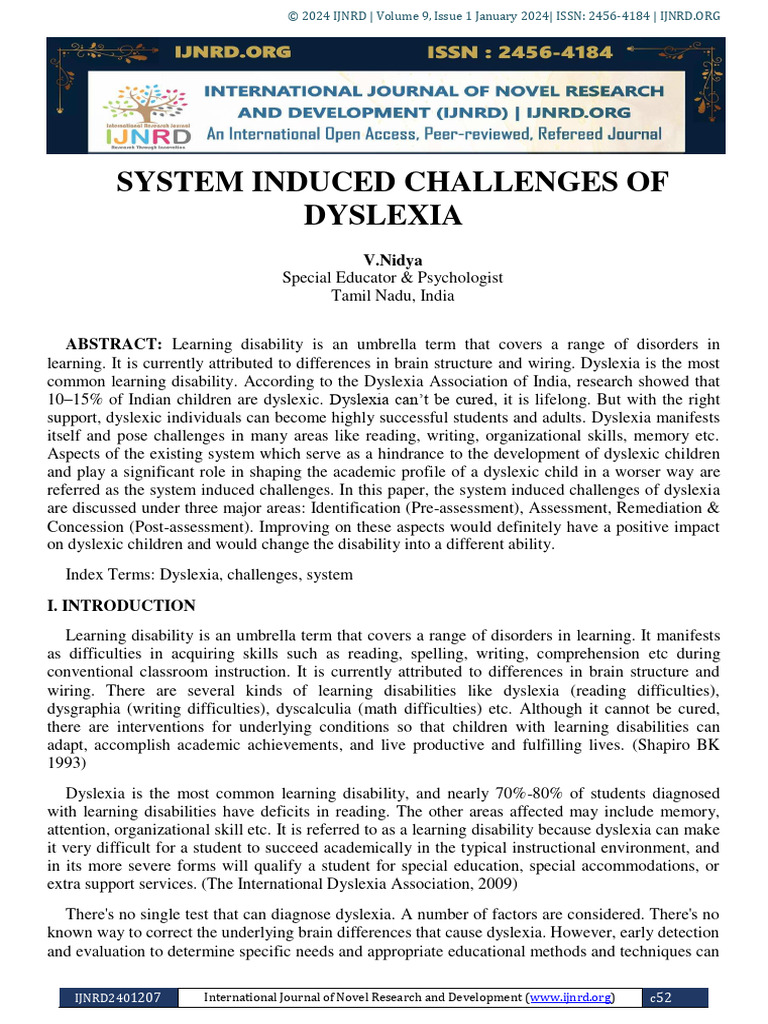 System Induced Challenges of Dyslexia | PDF | Dyslexia | Learning ...