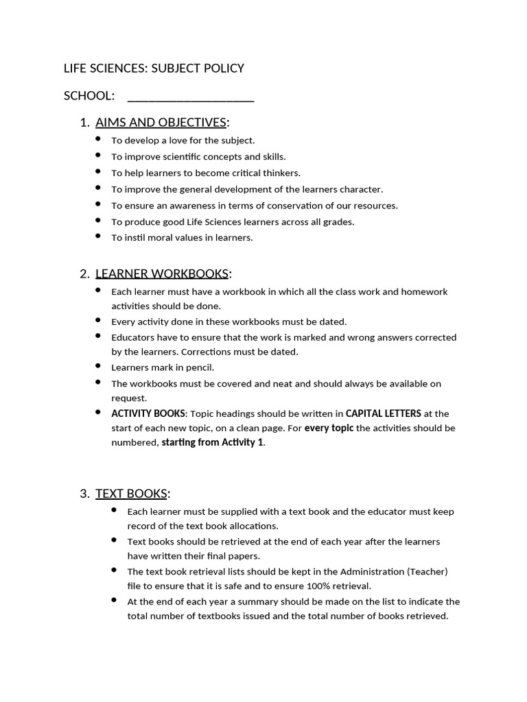 Subject Policy LIFE SCIENCES 2025 | PDF | Teachers | Textbook