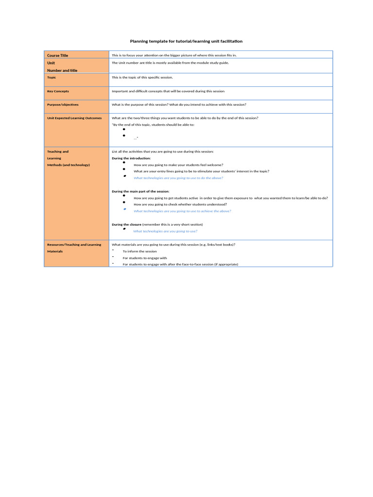 Planning Template for Tutorial-learning Unit Facilitation | PDF ...