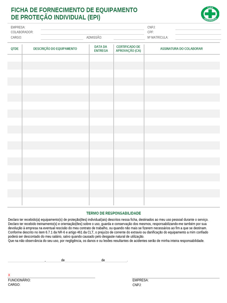 Modelo de Ficha de EPI em Branco | PDF