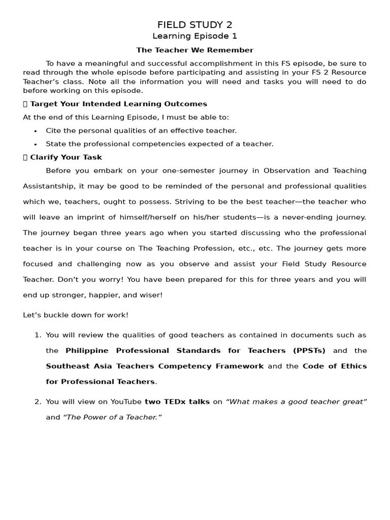 Field Study 2 Learning Episode 1 | PDF | Teachers | Learning