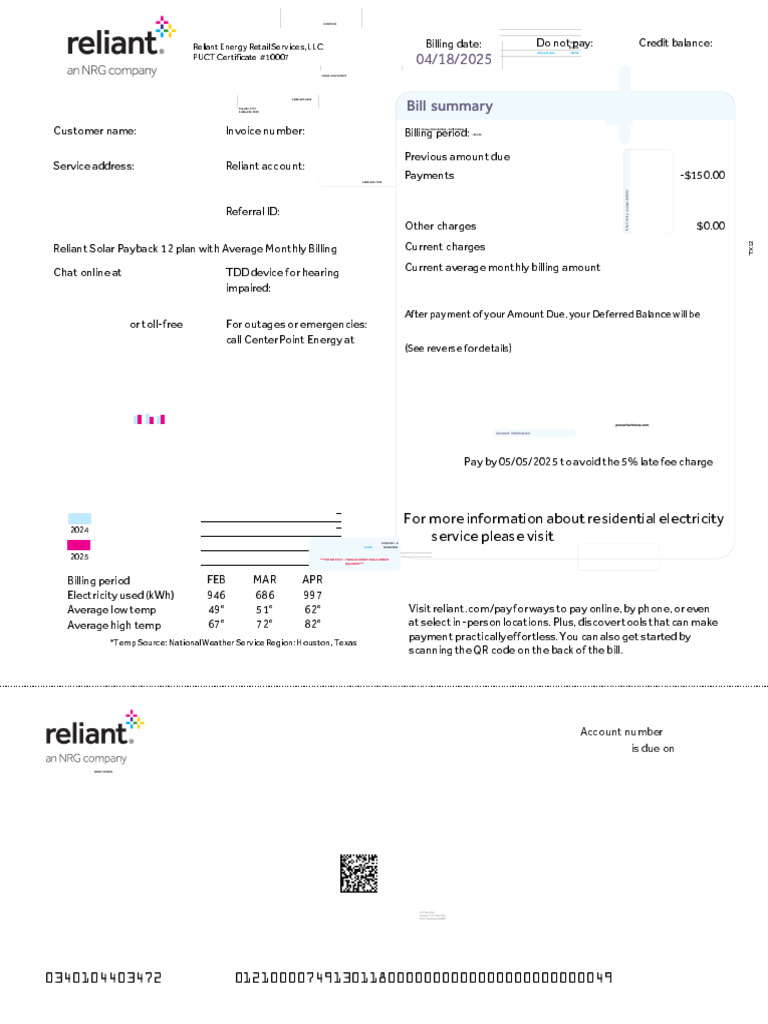 Sidra May 25 203 Reliant Bill | PDF | Electric Power