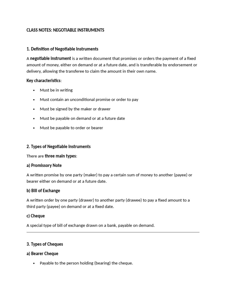 Class Notes Negotiable Instruments | PDF | Negotiable Instrument | Cheque