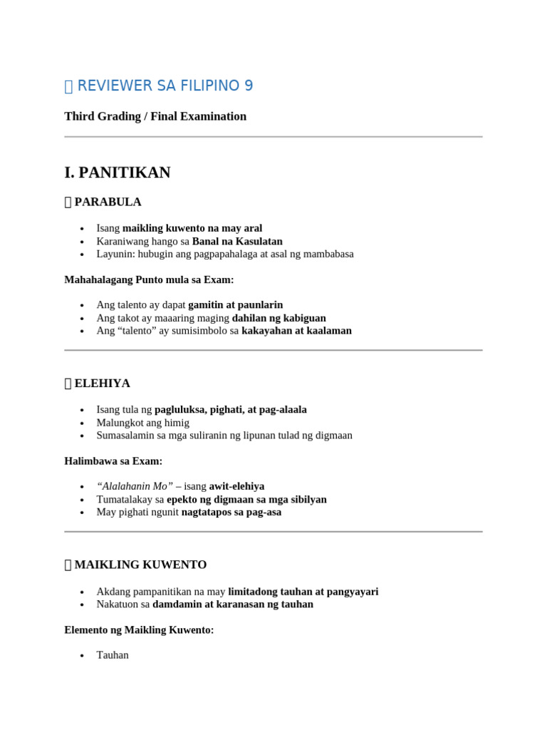 Reviewer Sa Filipino 9 3rd Final | PDF