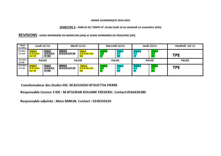 Emploi Du Temps N°18 Du Semestre 6 Des Etudiants de La Licence 3 Ide | PDF