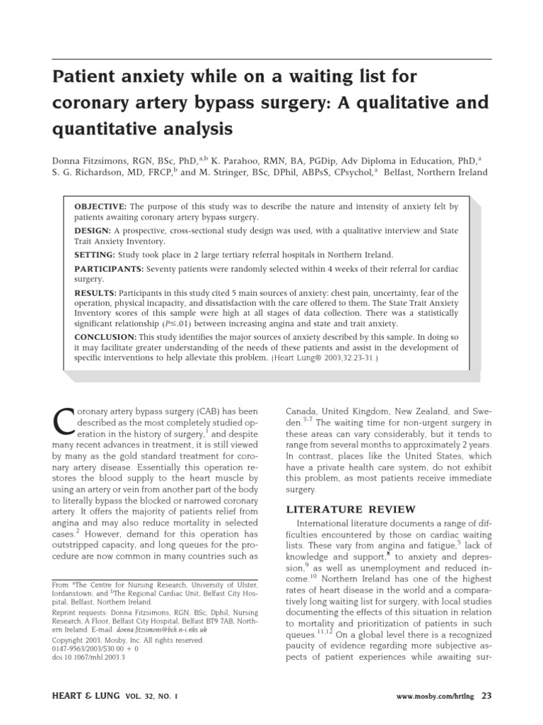 Patient Anxiety While On A Waiting List For Coronary Artery Bypass ...