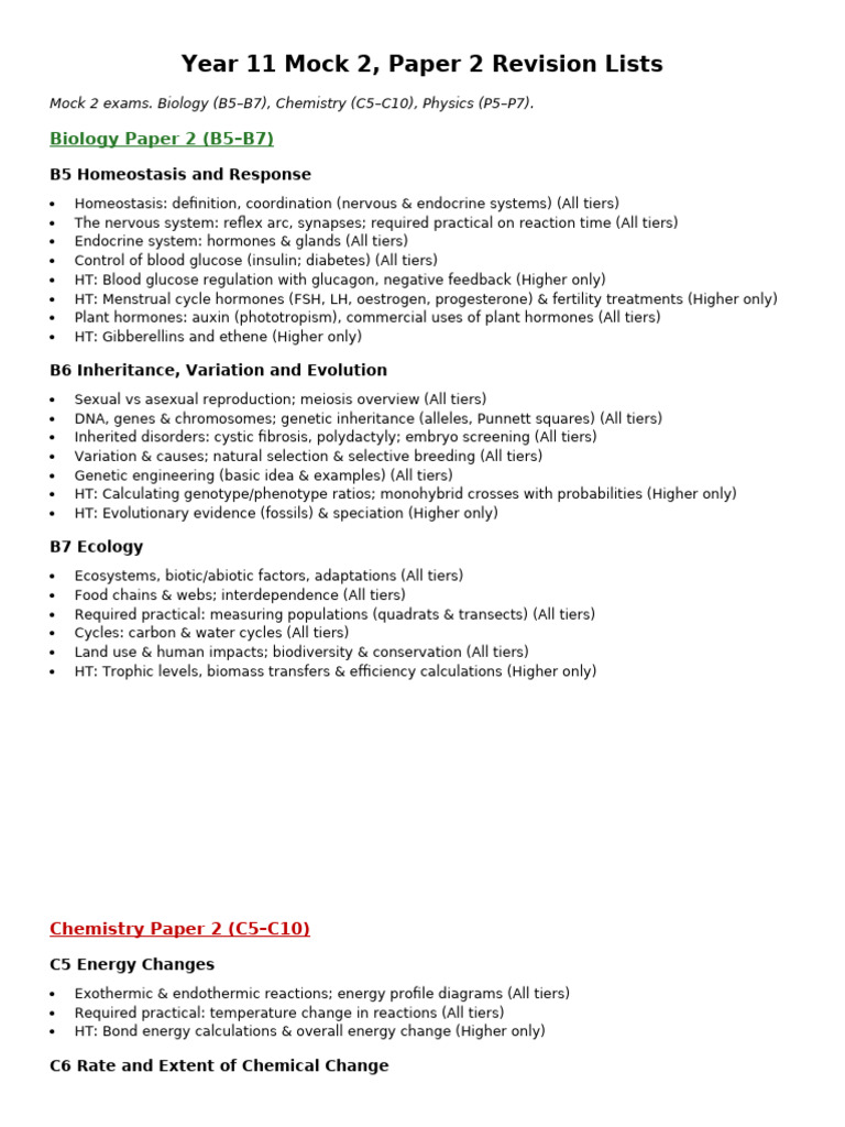 Yr 11 Mock 2 DC2 Revision List (2) | PDF | Chemical Reactions | Waves
