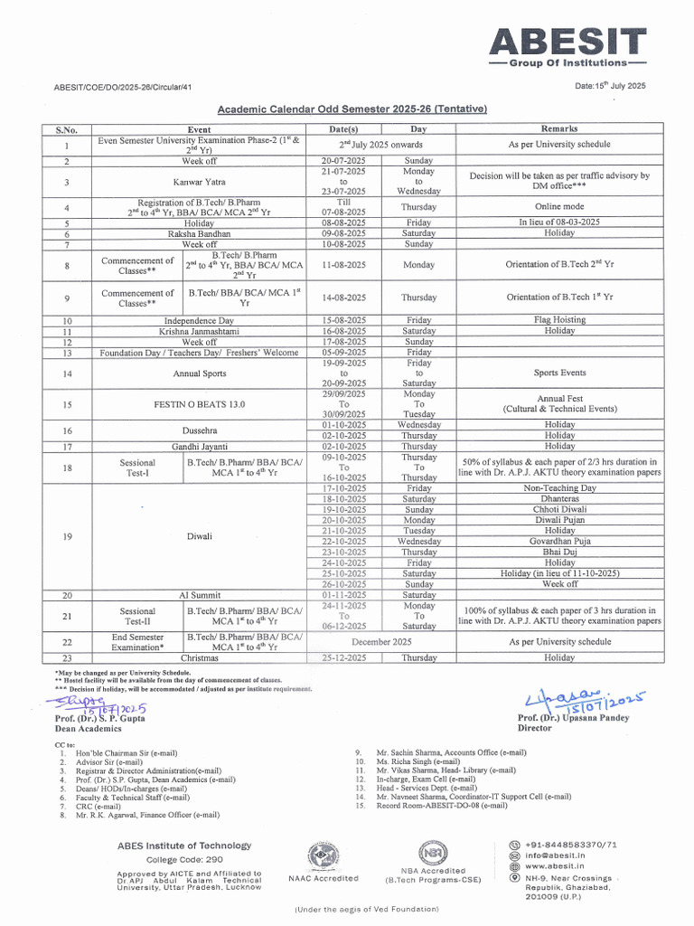 Notice-41 Academic Calendar Odd Sem 2025-26 | PDF