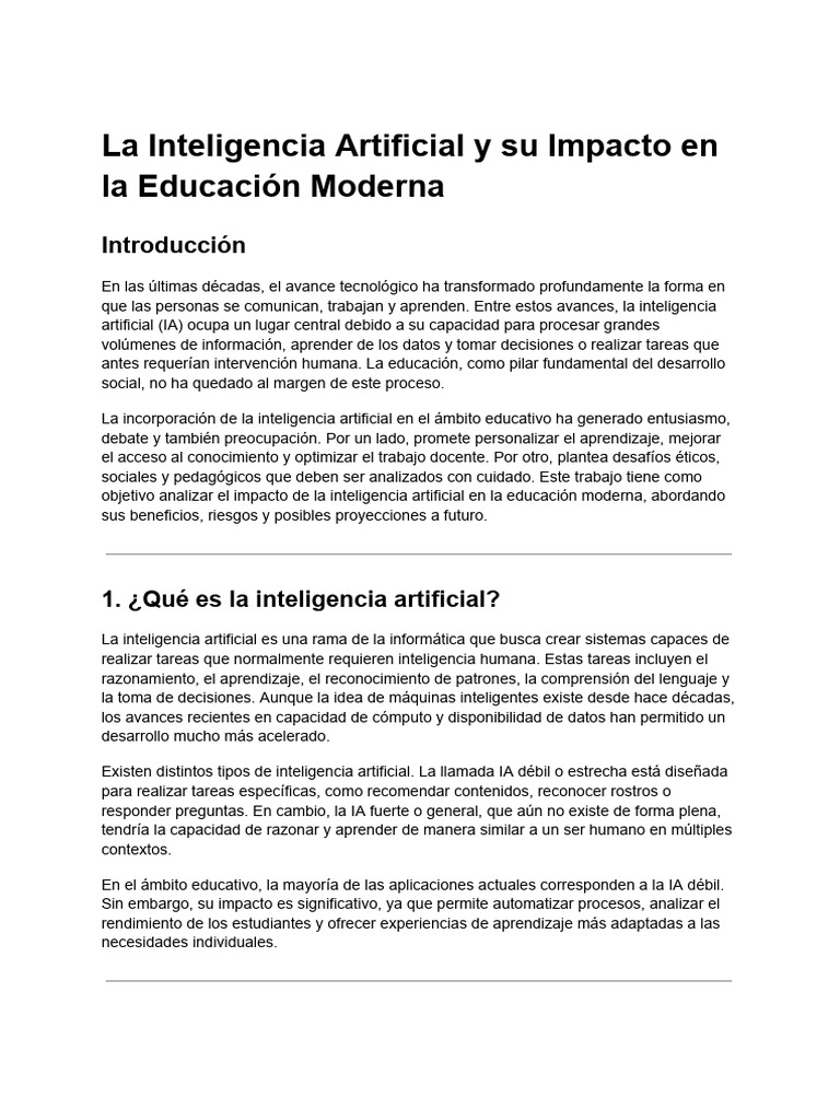 La Inteligencia Artificial y Su Impacto en La Educación Moderna | PDF ...