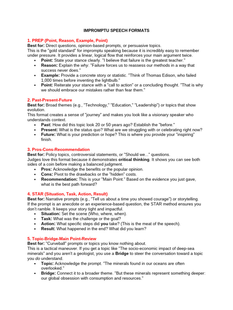 Impromptu Speech Formats | PDF | Reason | Cognition