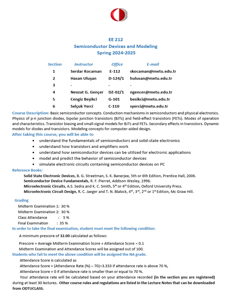 EE 212 Course Information | PDF | Bipolar Junction Transistor | Mosfet