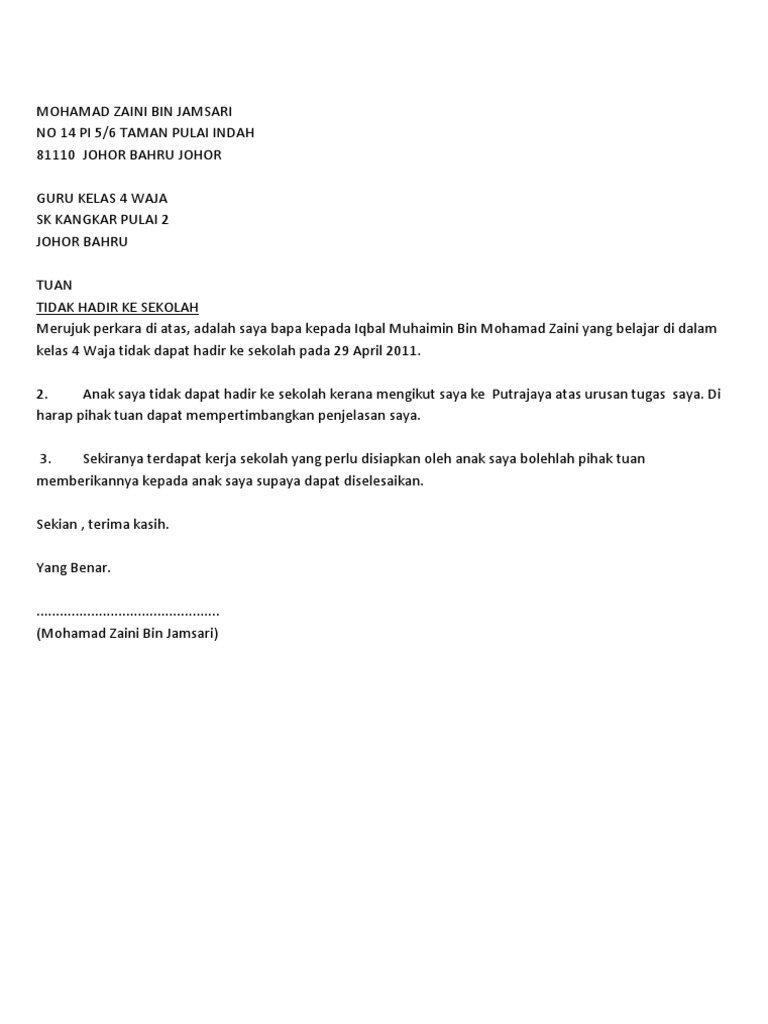 Surat Tidak Hadir Ke Sekolah Pdf