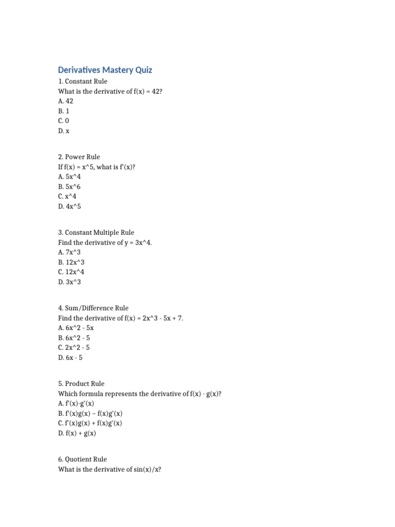 Derivatives Mastery Quiz | PDF