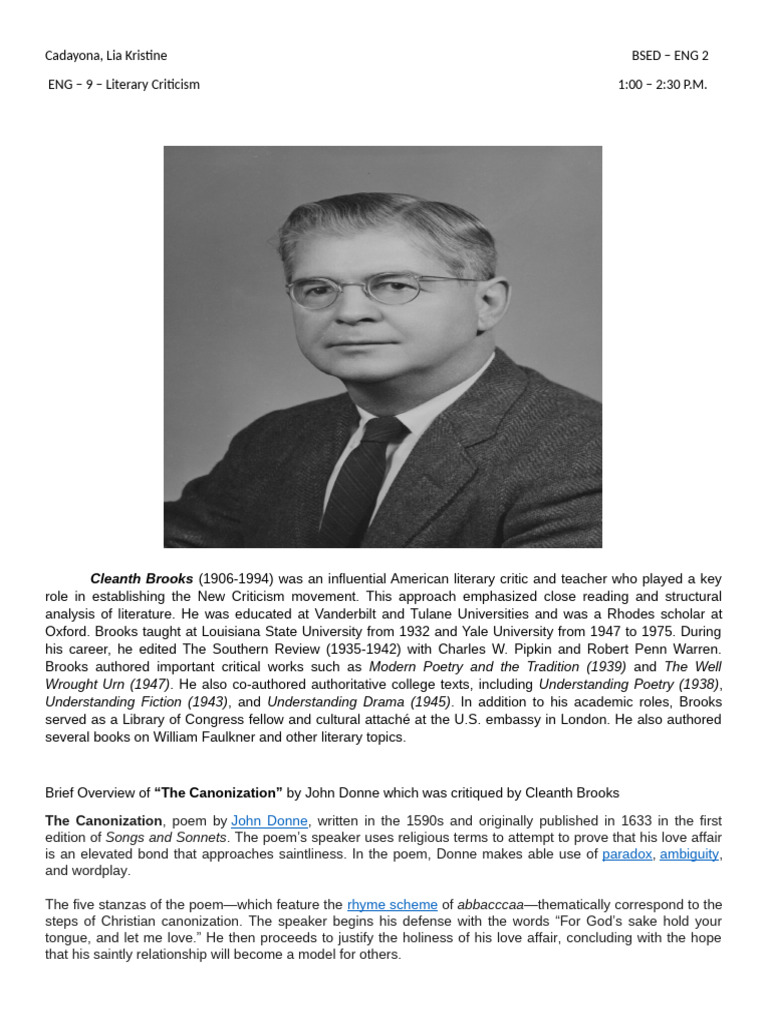 Cleanth Brooks Analysis | PDF