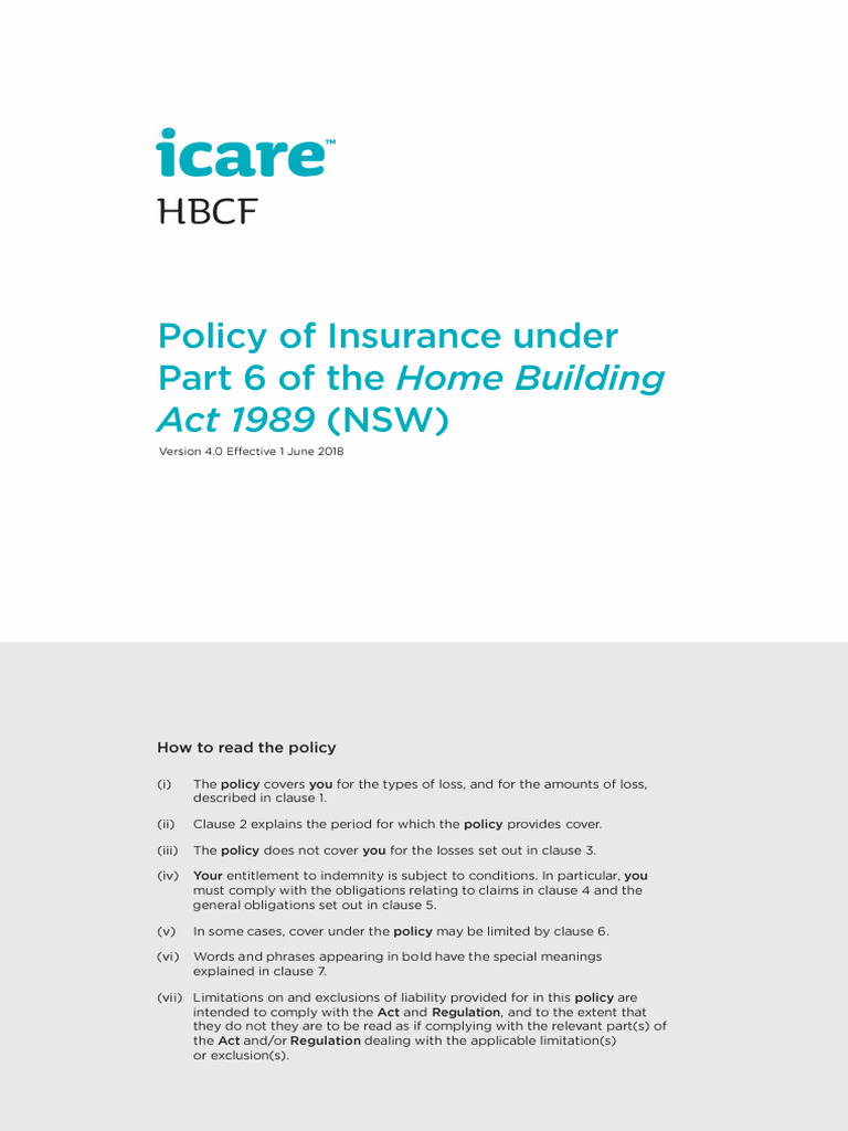 Policy of Insurance Under Part 6 of the Home Building Act 1989 1 June ...