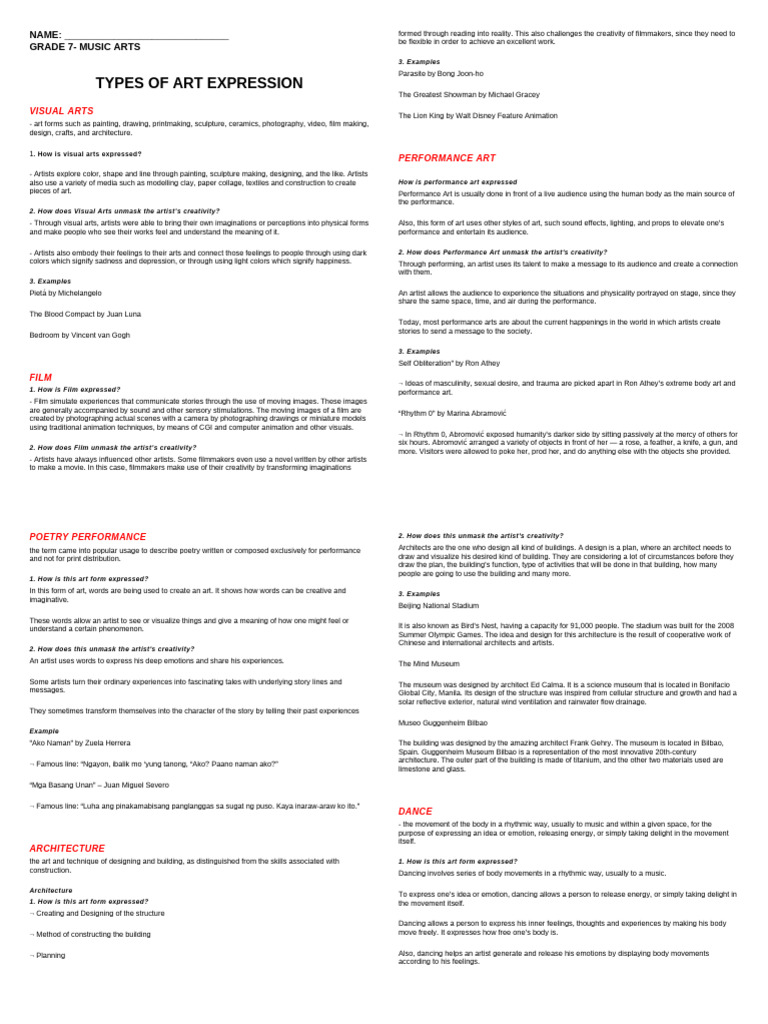 Types of Artistic Expression | PDF | Performance Art | Creativity