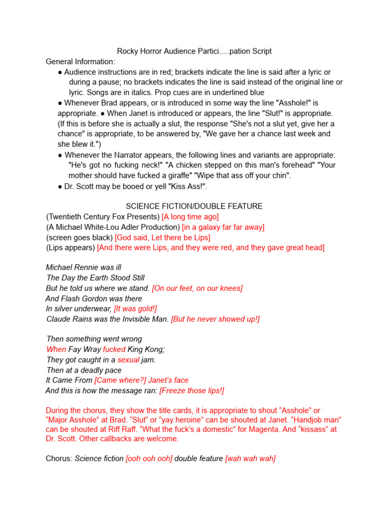Rocky Horror Audience Particip.... Pation Script | PDF