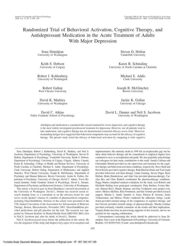 Dimidjian 2006 Randomized Trial of Behavioral Activation | PDF | Major ...