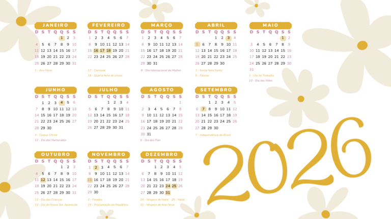 Calendário 2026 Floral Simples Amarelo e Branco | PDF
