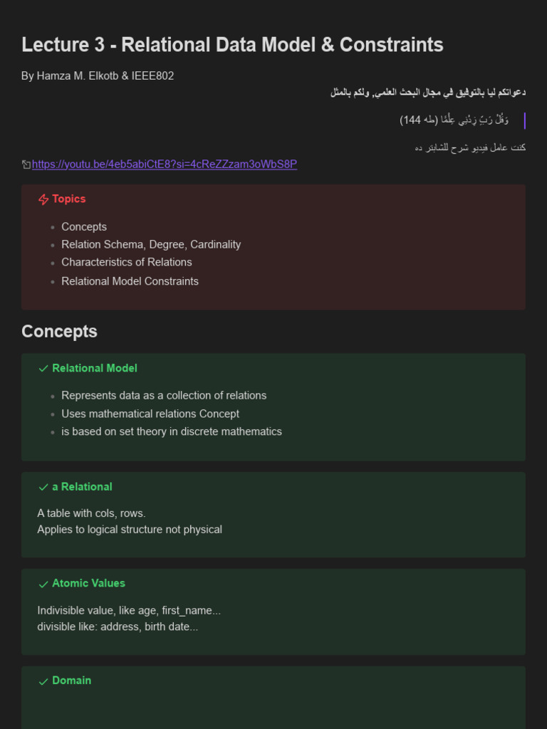 Lecture 3 - Relational Data Model & Constraints | PDF | Relational ...
