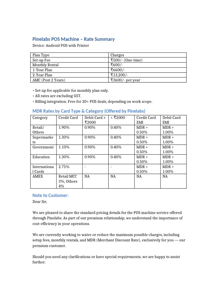 POS Machine Rate Summary Final | PDF