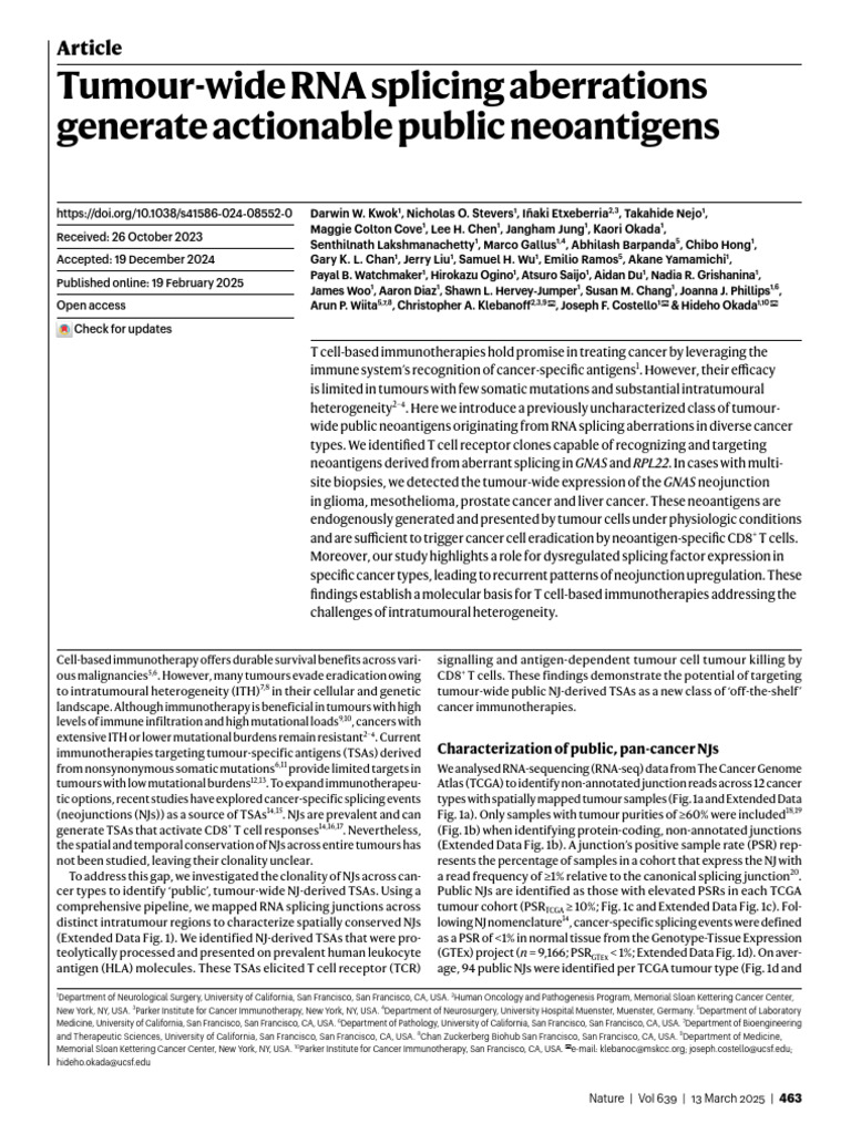 Article 2. Tumour-wide RNA Splicing Aberrations | PDF | Immunotherapy ...