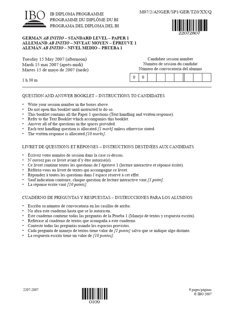 German Ab Initio SL Paper 1 Question Booklet | PDF