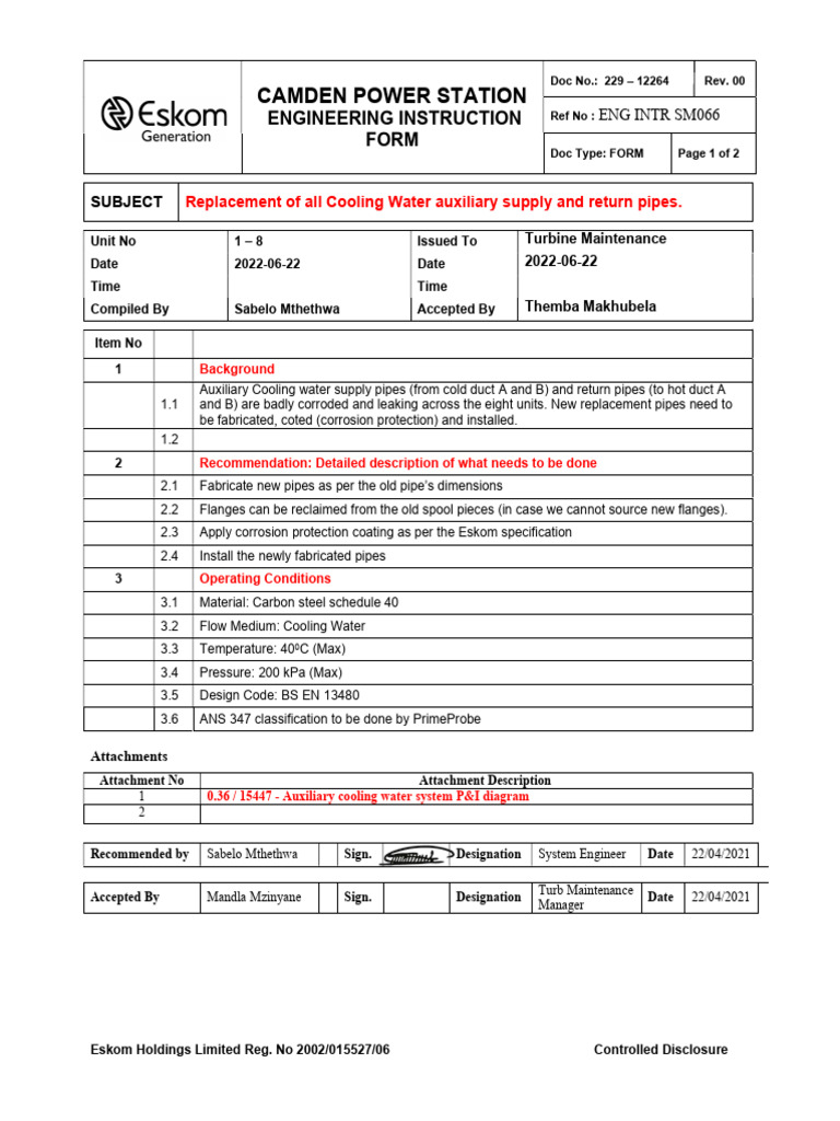 ENG INSTR SM066 - Replacement of All Cooling Water Auxiliary Supply and ...