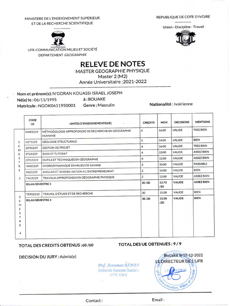 Releve de Note Master Geographie | PDF