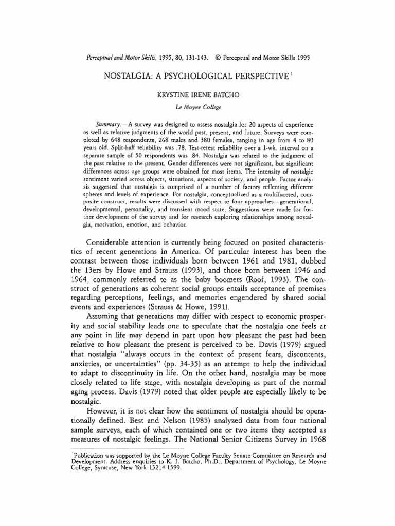 Nostalgia a Psychological Perspective | PDF | Nostalgia | Experience