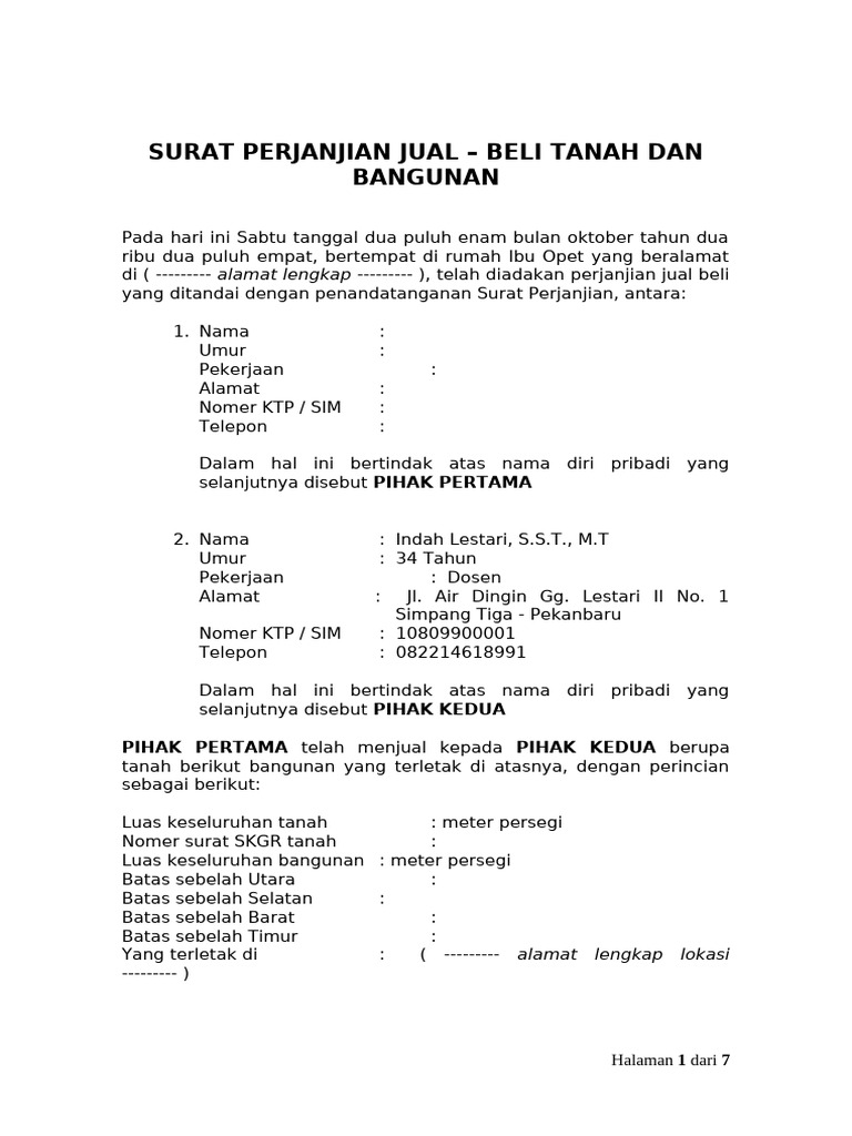 Contoh Surat Perjanjian Jual Beli Tanah Dan Bangunan3 | PDF